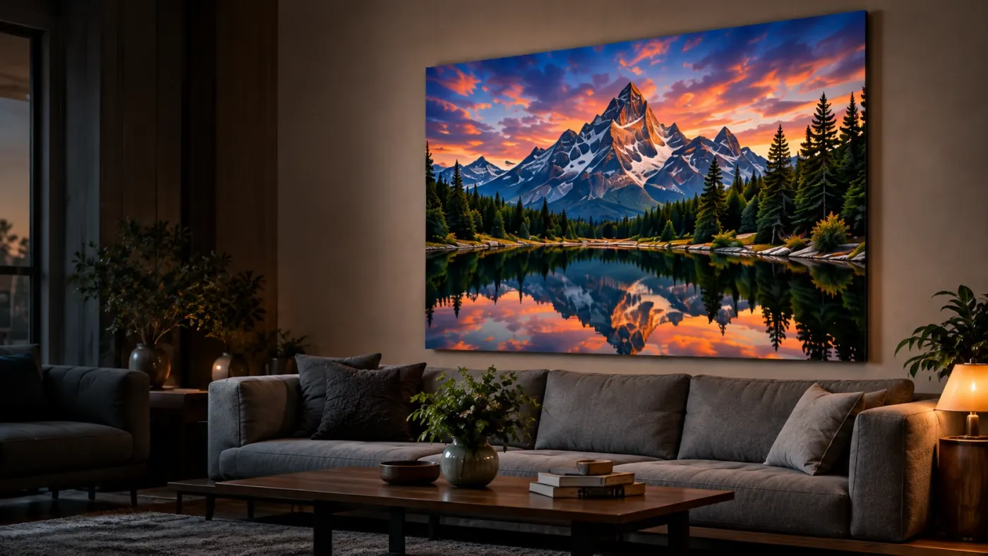 A luminous mountain and sunset metal print above a gray sofa